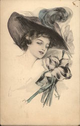 Sketch of Woman in Feathered Hat Women Postcard Postcard