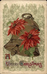 A Merry Christmas, With Bell and Poinsettias Postcard