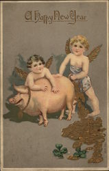 Two Cherubs and Pig, Plus Pile of Gold Coins Pigs Postcard Postcard