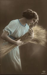 Portrait of Woman with Wheat Women Postcard Postcard