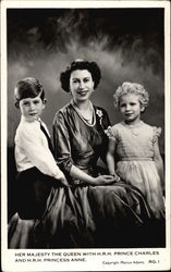 Her Majesty the Queen with H.R.H Prince Charles and H.R.H. Princess Anne Royalty Postcard Postcard