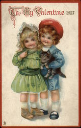 Two Young Children with a Cat Postcard