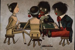 Two Golliwogs Playing Cards With Two Wooden Dolls Postcard