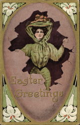 Woman in Fancy Hat Breaks Through an Easter Egg Postcard