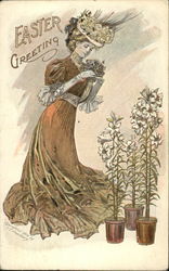 Woman with Pots of Easter Lilies Flowers Postcard Postcard