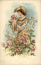 Woman surrounded by pink flowers Women Postcard Postcard