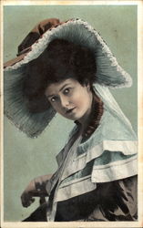 Dark Haired Woman Wearing Large Brown and Cream Hat Women Postcard Postcard