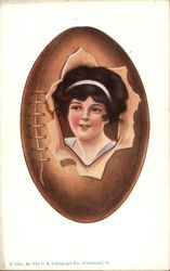 Young Woman Looks Out From a Football Postcard Postcard