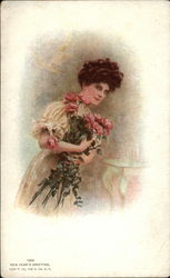 New Year's Greeting - Woman with Bouquet of Red Roses Postcard Postcard