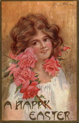 Red Haired Woman with Red Roses Postcard