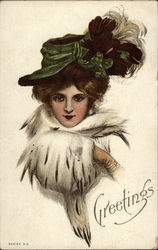 Woman Wears Green Hat and Mink Scarf and Muff Women Postcard Postcard