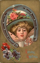 Birthday Greetings - Woman with Horseshoe Postcard Postcard