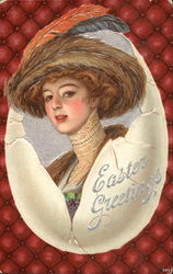 Woman in Feather Hat Inside Egg Postcard