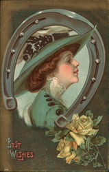 Best Wishes - Horseshoe with Woman in Green Postcard