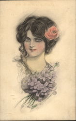 Women with Red Rose in Her Hair and Bunch of Violets Postcard