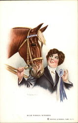 Blue Ribbon Winners - Woman and Horse Postcard Postcard