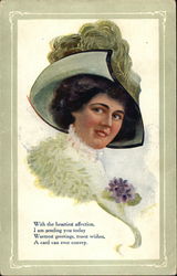 Woman in Green Feathered Hat Women Postcard Postcard