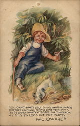 Little Boy With Glasses and Straw Hat with Black and White Dog Postcard