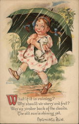 Girl in Flowered Dress Holding a Cat and Green Umbrella Girls Postcard Postcard