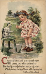 Girl Talking to Cat on Green Stool Postcard