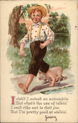 Boy Walking With Pig Postcard