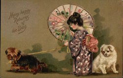 Many Happy Returns of the Day - Girl in Kimono with Dogs Birthday Postcard Postcard