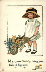 Birthday - Girl with Wheelbarrow of Flowers Postcard Postcard