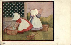 Sunbonnet Babies Doing Laundry in Tub and Hanging Up Clothes Postcard Postcard