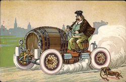 German Man Driving a Beer Keg Drinking Postcard Postcard