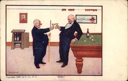 Two Elderly Men Clink Champagne Glasses Near Pool Table Drinking Postcard Postcard