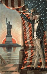 Uncle Sam Looking at the Statue of Liberty Postcard