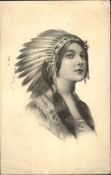 Indian Maiden With Headdress and Ponytails Native Americana Postcard Postcard