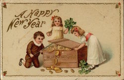 Happy New Year - Children with Chest of Gold Coins Postcard Postcard