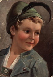 Boy in Lederhosen and Feathered Cap Postcard