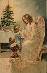 Angel with Children and Christmas Tree Angels Postcard Postcard