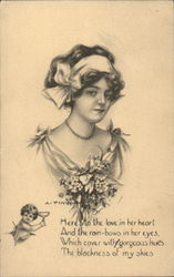 Woman With Flowers and a Cherub Postcard