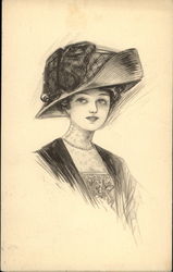 Drawing of Lady in Fancy Hat Postcard