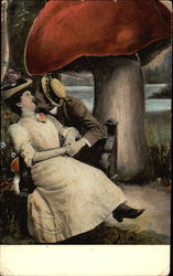 Man and Woman Kissing Next to Giant Mushroom Couples Postcard Postcard