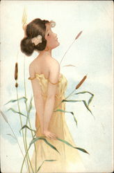 Girl in Long Beige Gown Standing With Cattails Art Nouveau Postcard Postcard