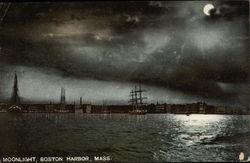 Moonlight on the Harbor Boston, MA Postcard Postcard