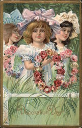 Three Girls With Flowers With Children Postcard Postcard