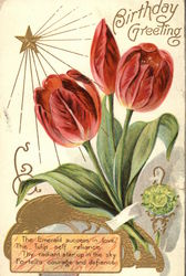 Birthday Greeting, with Red Tulips and Emerald Pin Postcard