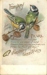 February Birthday Greetings with Pearl & Blue Titmouse Postcard Postcard