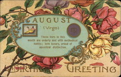 August Birthday Greeting with Virgo Sign & Flowers Postcard Postcard