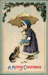 A Merry Christmas with Girl, Dog, and Kitten Children Postcard Postcard