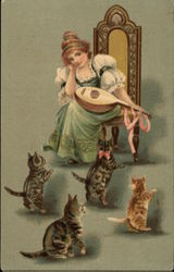 Woman with Instrument and Four Cats Postcard