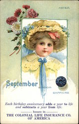 September Birthday, With Child in Yellow Hat With Blue Flowers Months Postcard Postcard