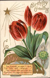 May Birthday Greeting with Emerald & Tulips Postcard Postcard