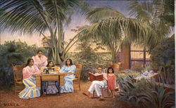 Ladies sewing with Singer machine with a man reading and child watching Postcard