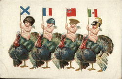 Four Babies Holding WWI Allied Flags Riding Turkeys World War I Postcard Postcard